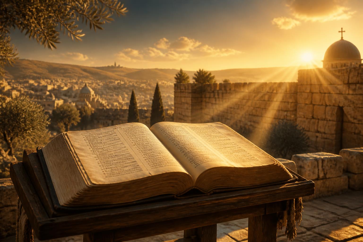 Bíblia aberta sobre Jerusalém ao amanhecer